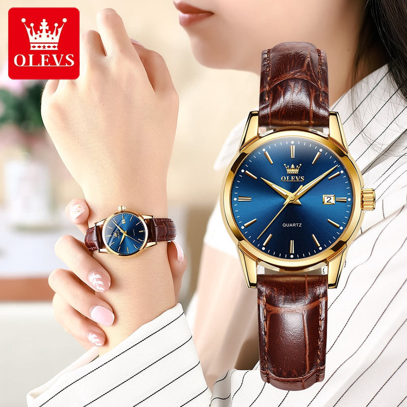 OLEVS Relógio Feminino Original Clássico Quartzo a Prova D'água Aço Inoxidável Couro 6898 27mm