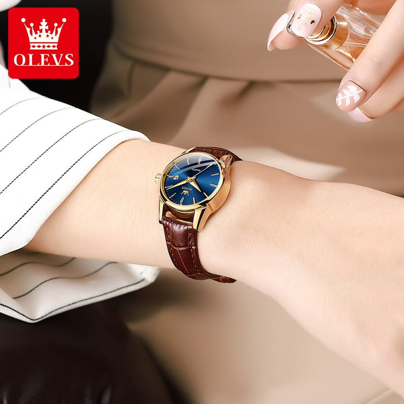 OLEVS Relógio Feminino Original Clássico Quartzo a Prova D'água Aço Inoxidável Couro 6898 27mm