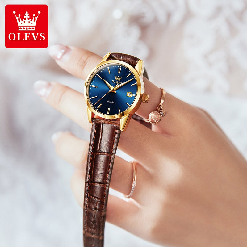 OLEVS Relógio Feminino Original Clássico Quartzo a Prova D'água Aço Inoxidável Couro 6898 27mm