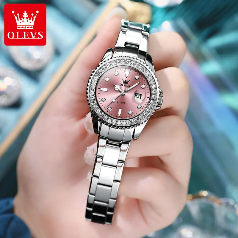 OLEVS Relógio Feminino Original Brilhantes Quartzo a Prova D'água Aço Inoxidável 9945 34mm