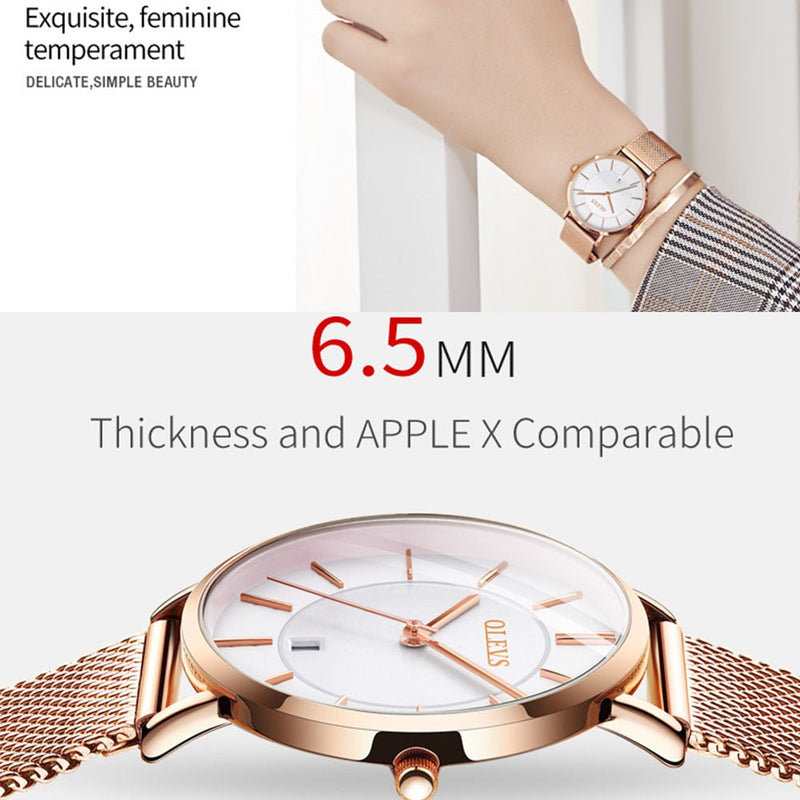 OLEVS Relógio Feminino Original Ultra Fino Minimalista Quartzo a Prova D'água Aço Inoxidável 5869 33mm