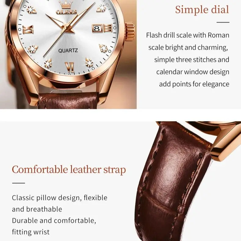 OLEVS Relógio Feminino Original Quartzo a Prova D'água Aço Inoxidável Couro 5522 29mm