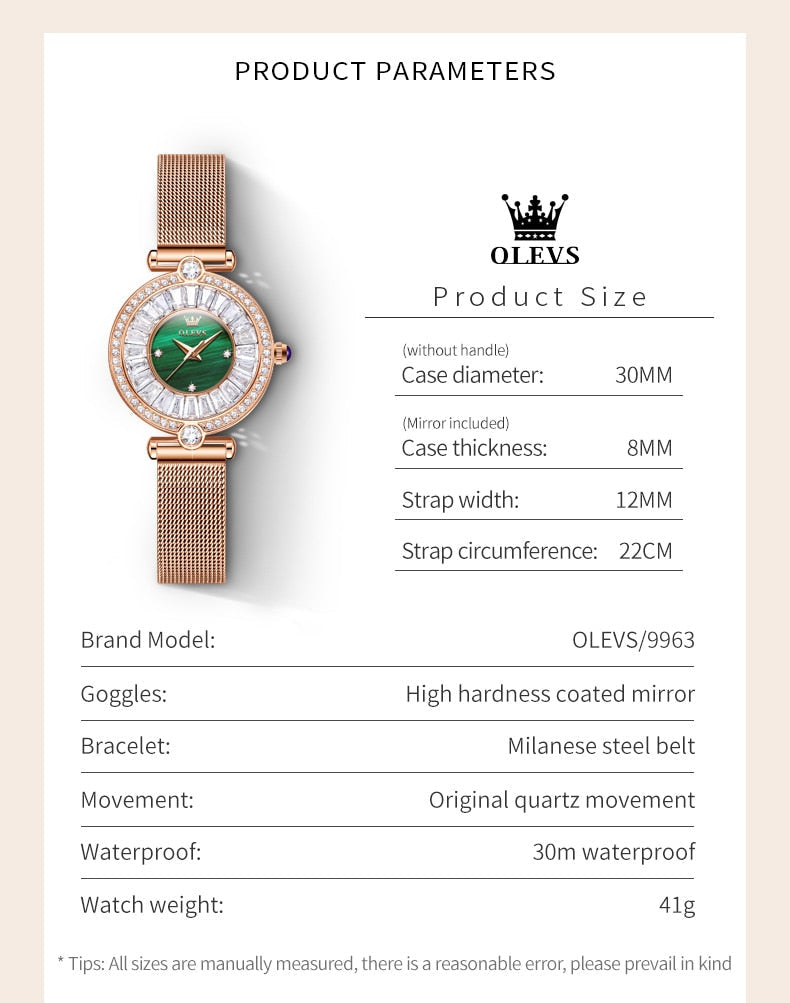 OLEVS Relógio Feminino Original Brilhantes Quartzo a Prova D'água Aço Inoxidável 9963 30mm
