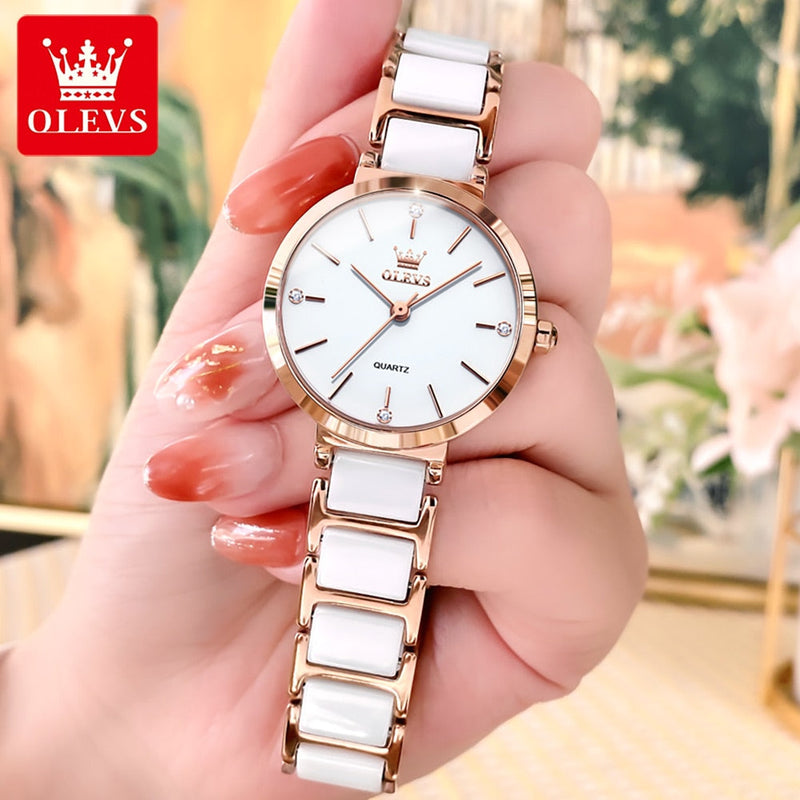 OLEVS Relógio Feminino Original Cerâmica Quartzo a Prova D'água Aço Inoxidável 5877 30mm