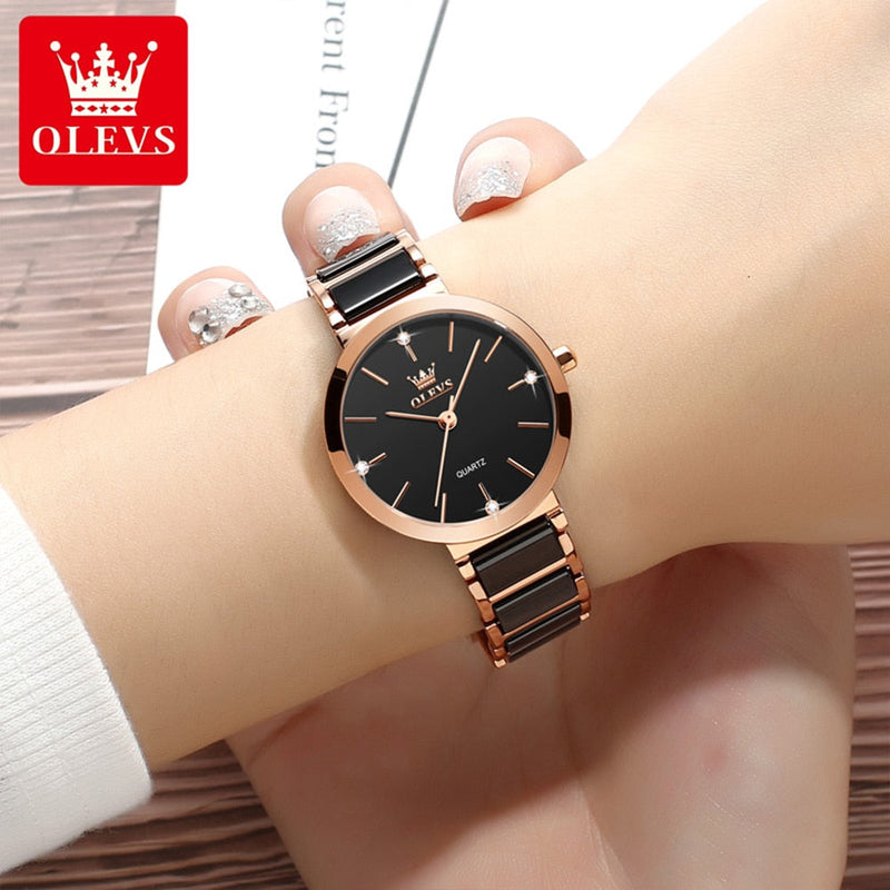 OLEVS Relógio Feminino Original Cerâmica Quartzo a Prova D'água Aço Inoxidável 5877 30mm
