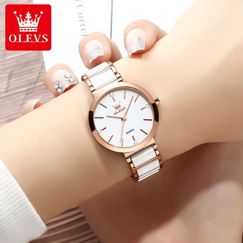 OLEVS Relógio Feminino Original Cerâmica Quartzo a Prova D'água Aço Inoxidável 5877 30mm
