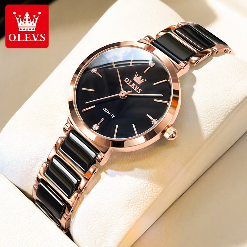 OLEVS Relógio Feminino Original Cerâmica Quartzo a Prova D'água Aço Inoxidável 5877 30mm