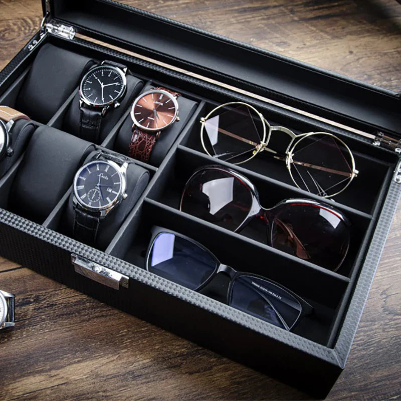 Caixa Relógios e Óculos Madeira Luxo com Almofadas 3 a 6 Slots