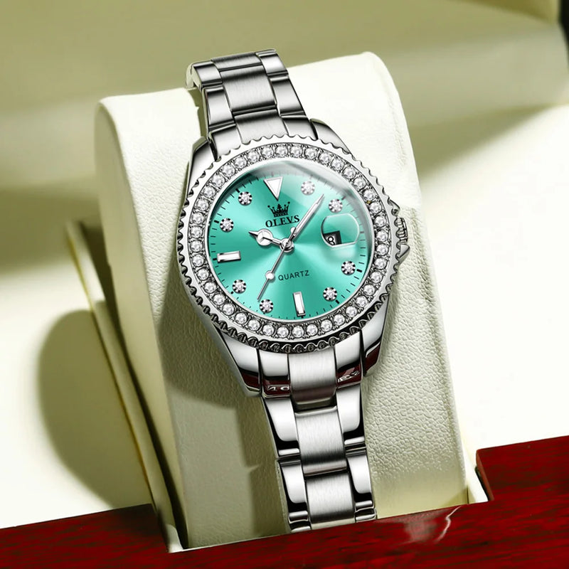 OLEVS Relógio Feminino Original Brilhantes Quartzo a Prova D'água Aço Inoxidável 9945 34mm