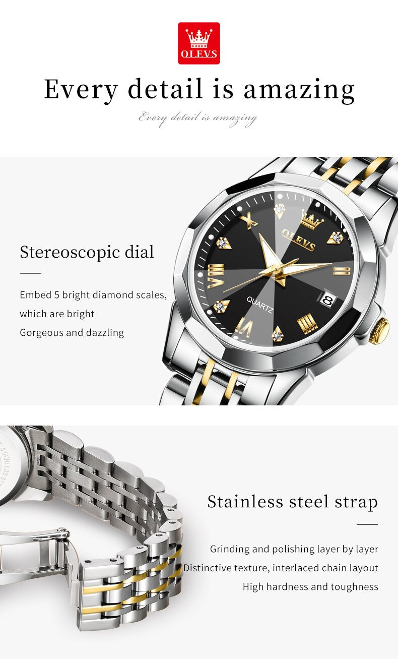 Relógio Luxo Casal Números Romanos Aço Inoxidável