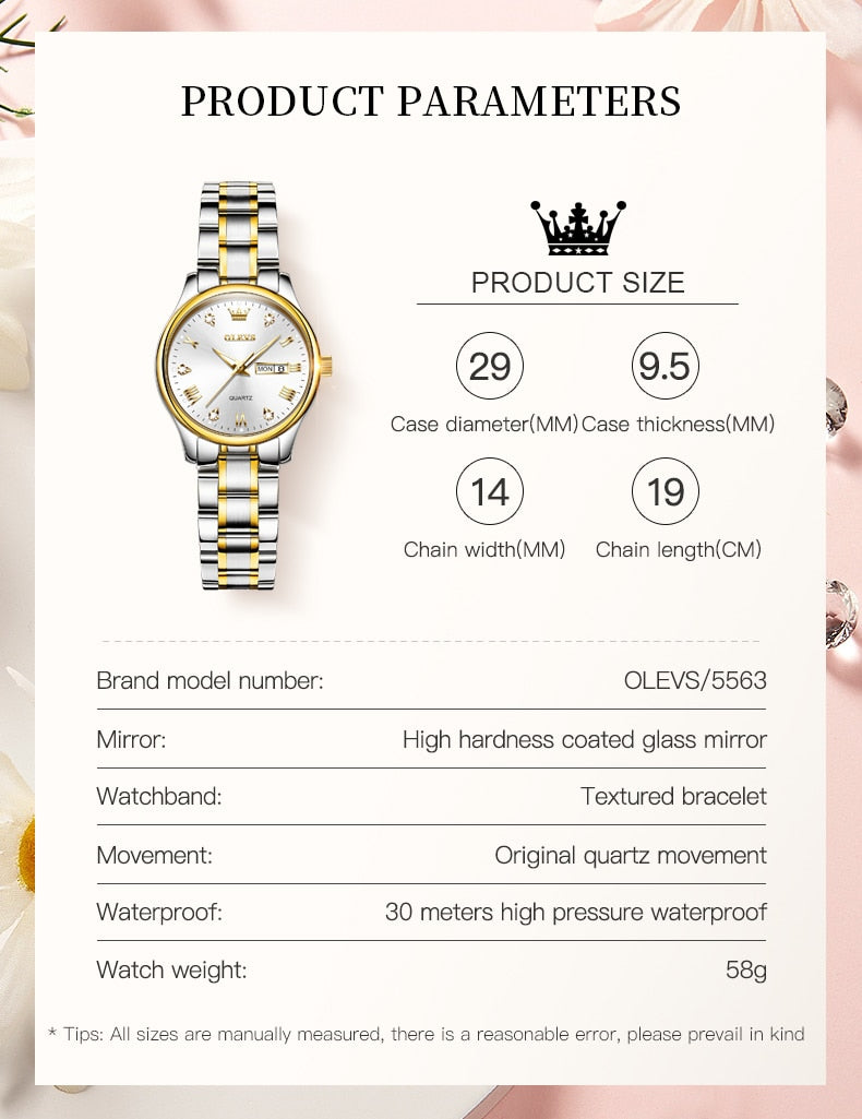 OLEVS Relógio Feminino Original Quartzo a Prova D'água Aço Inoxidável 5563 29mm