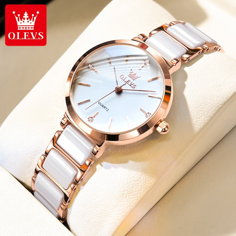 OLEVS Relógio Feminino Original Cerâmica Quartzo a Prova D'água Aço Inoxidável 5877 30mm