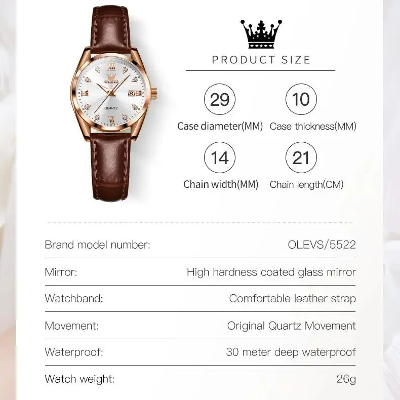 OLEVS Relógio Feminino Original Quartzo a Prova D'água Aço Inoxidável Couro 5522 29mm