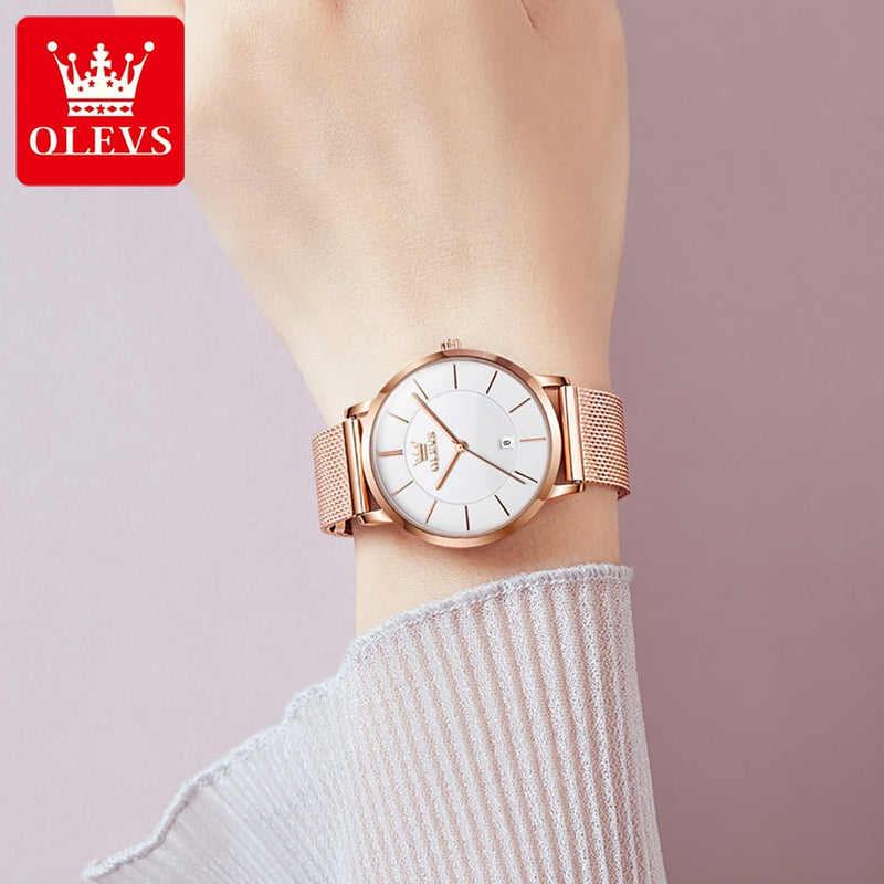OLEVS Relógio Feminino Original Ultra Fino Minimalista Quartzo a Prova D'água Aço Inoxidável 5869 33mm