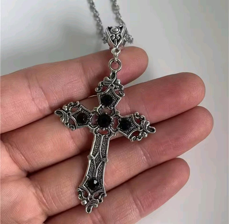 Colar de gema pingente de cruz retrô